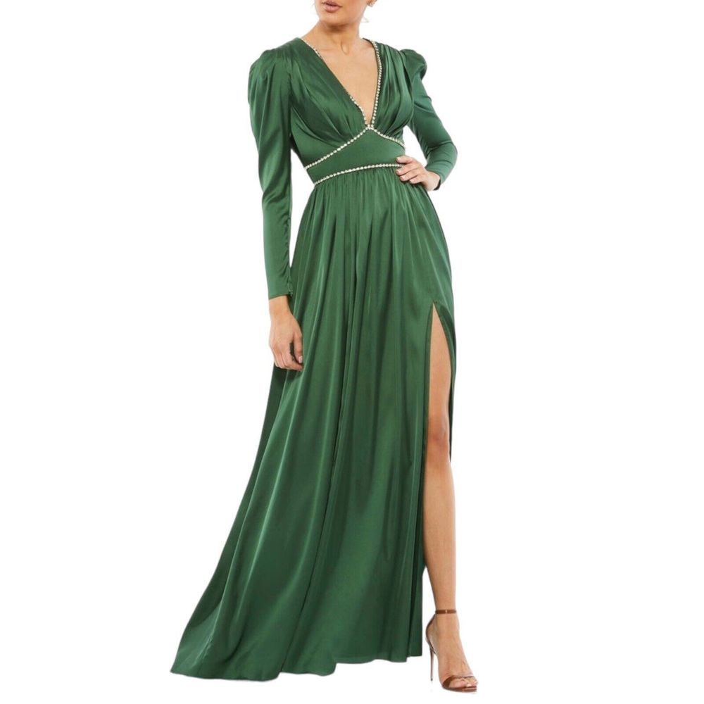 IEENA MAC DUGGAL Satin Puff Shoulder Rhinestone Embellished Gown Green Size 16